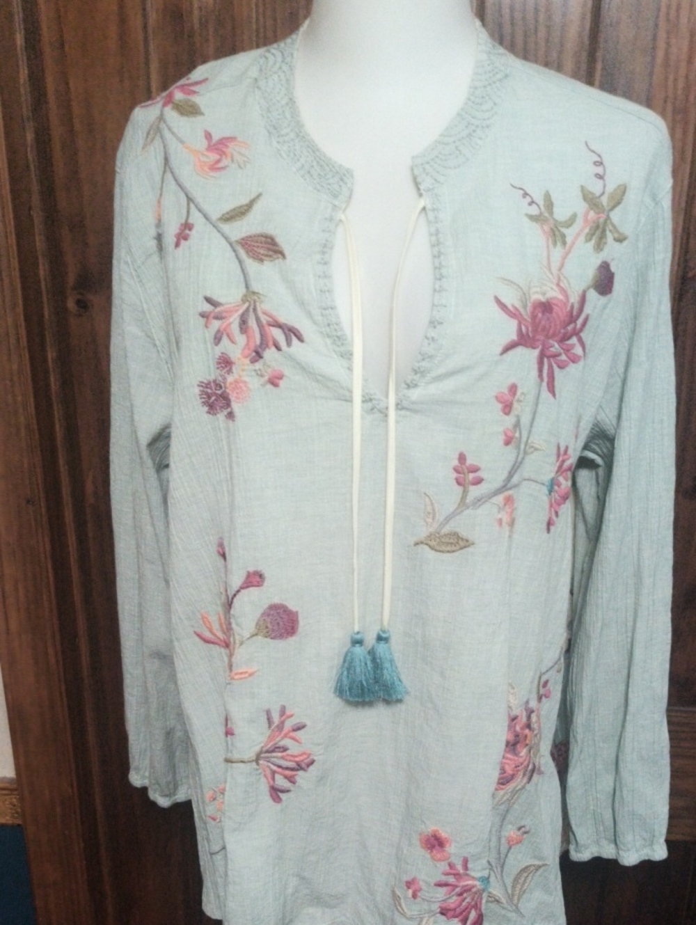 Johnny Was Aqua Embroidered Blouse with Tassels